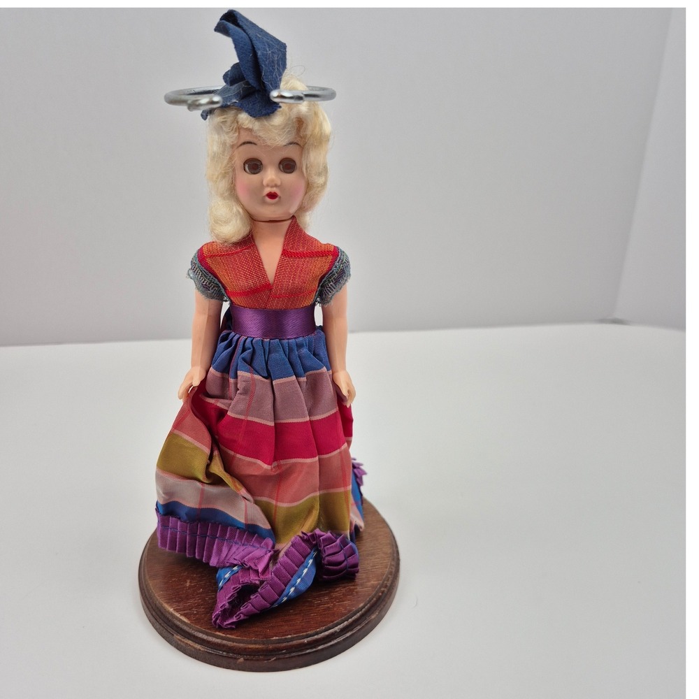 Vintage 50s 60s Sleepy Eye Doll Blonde Hair Colorful Dress Blue Bow 8"